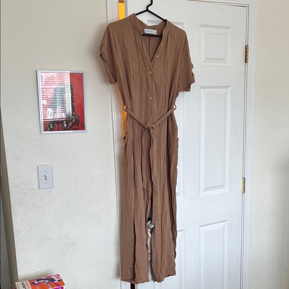 Tan Button-Up Jumpsuit with Belt